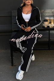 Fashionable Sports Style Striped Long-sleeved Jacket and Elastic Waist Casual Pants Set