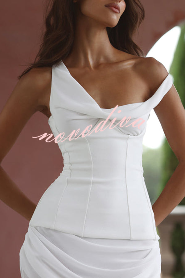 Sculptural Elegance One Shoulder Removable Corset Drape Maxi Dress