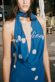 Fashion Polka Dot Print Sexy Halter Neck Backless Maxi Dress