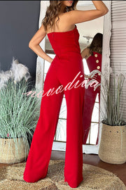 Solid Color Sexy Tube Top Gold Button Embellished Bootcut Jumpsuit