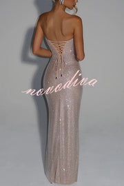 Mirabella Sequin Pleated Cowl Scooped Neckline Back Lace-up Strapless Maxi Dress