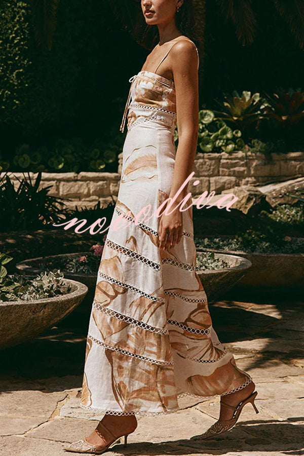 Daje Linen Blend Unique Print Round Hollow Trim Tie-up Bust Slip Maxi Dress