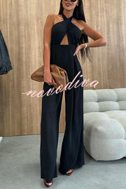Easy Mode Cross-neck Halter Strap Backless Wide Leg Jumpsuit