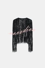 Party Crasher Layered Sequined Tassels Long Sleeve Loose Jacket