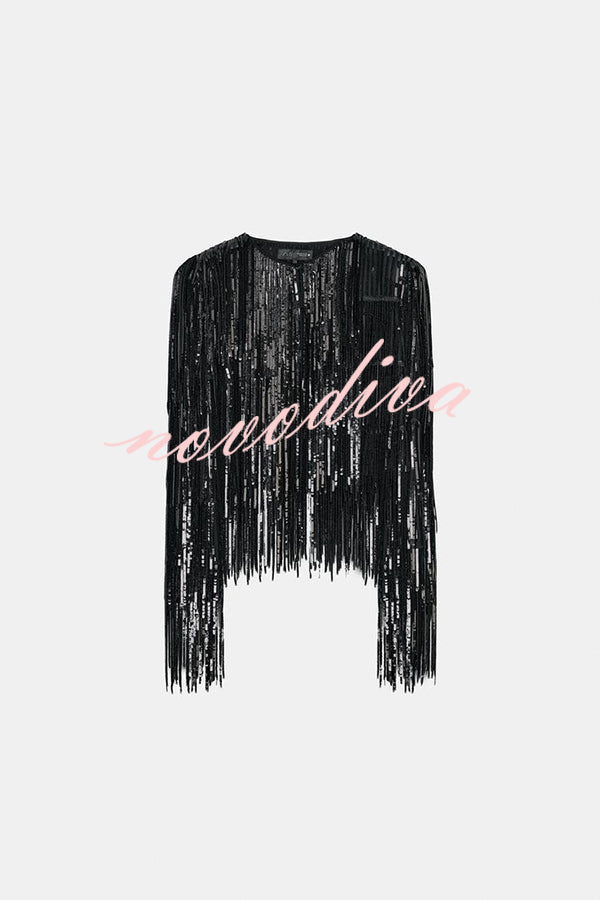 Party Crasher Layered Sequined Tassels Long Sleeve Loose Jacket