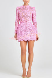 Champagne Toast Flower Lace Long Sleeve Bow Belted Mini Dress