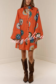 Linen Blend Unique Print Tie Waist Loose Mini Dress