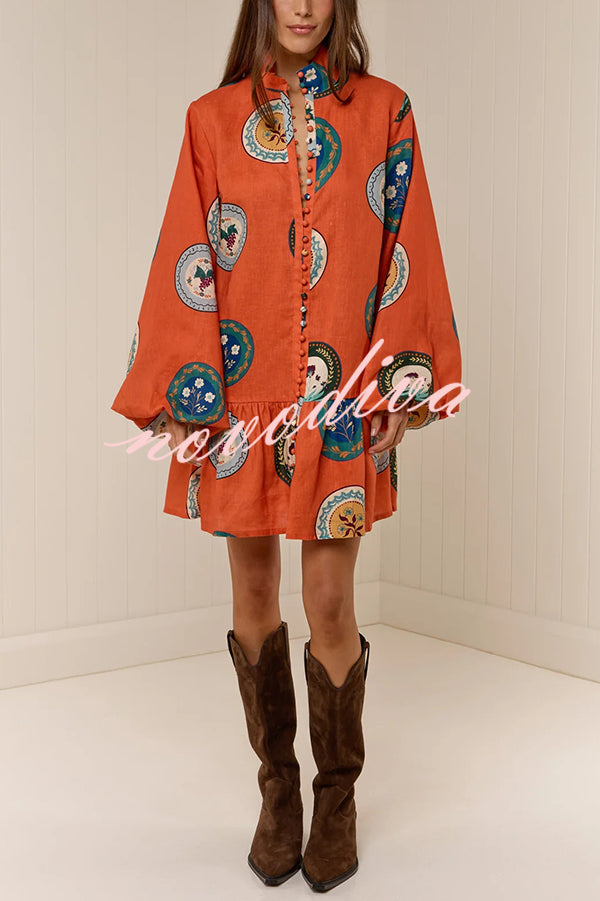 Linen Blend Unique Print Tie Waist Loose Mini Dress