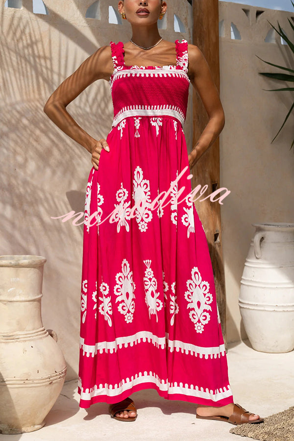 National Boho Style Unique Print Smocked Bust Wide Strap Pocket Maxi Dress