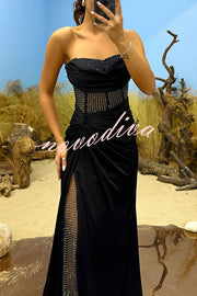 Essie Satin Rhinestone Patchwork Twist Waist Strapless Slit Maxi Dress