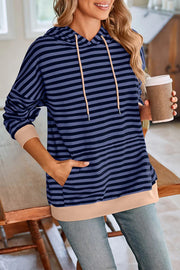 Striped Print Long Sleeve Pocket Loose Hoodie