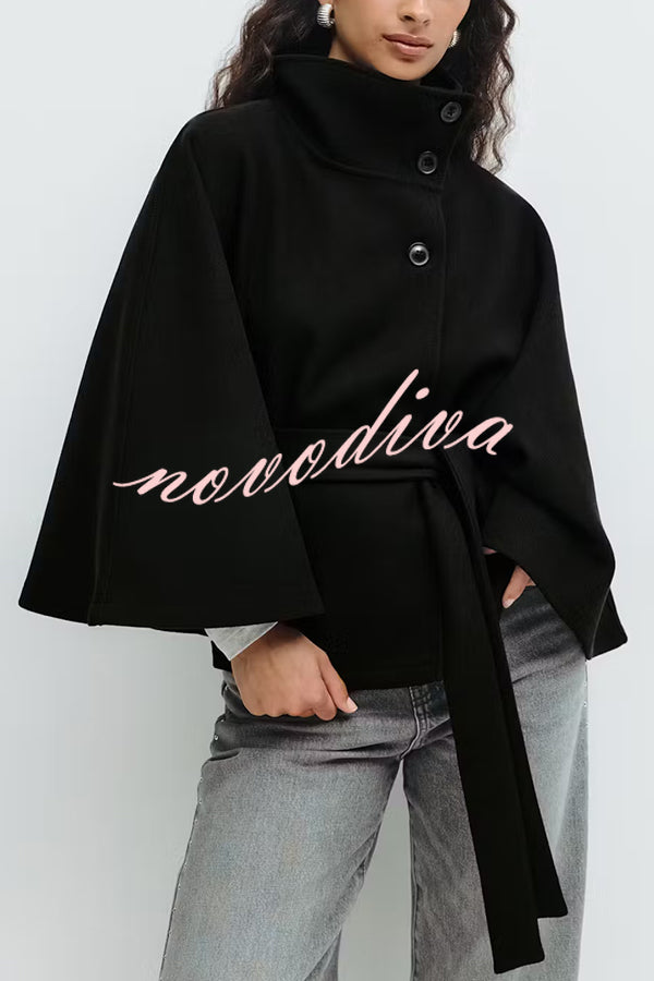 Fashionable Stand Collar Button Waist Tie Loose Cape
