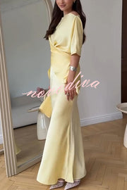 Secret of Elegance Satin Slit Back Lace-up Top and Elastic Waist Flare Maxi Skirt Set