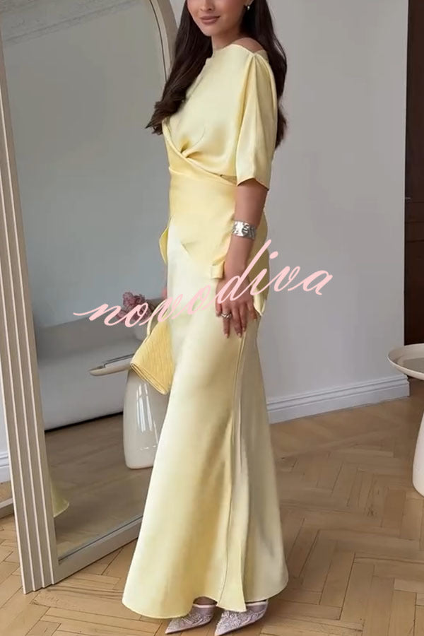 Secret of Elegance Satin Slit Back Lace-up Top and Elastic Waist Flare Maxi Skirt Set