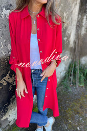 Solid Color Lapel Long Sleeve Button Casual Long Shirt