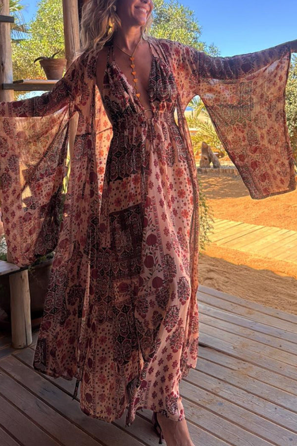 Boho Unique Printed Long Sleeve Vacation Maxi Cover Up