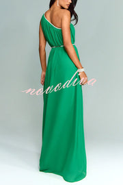 Elly One Shoulder Rhinestone Details Removable Belt A-line Maxi Dress