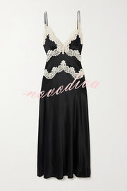 Dreaming of You Contrast Color Satin Lace Trim Back Tie-up Slip Midi Dress