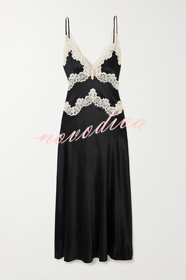 Dreaming of You Contrast Color Satin Lace Trim Back Tie-up Slip Midi Dress