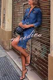 Autumn Treasure Washed Denim Button Up Pocketed Shirt Mini Dress