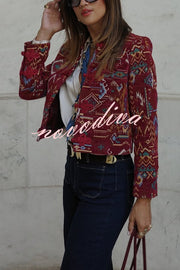 Vintage Bohemian Printed Chinese Style Buttons Long Sleeve Crop Jacket