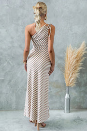 Stylish Striped Print One Shoulder Slope-neck Maxi Dress