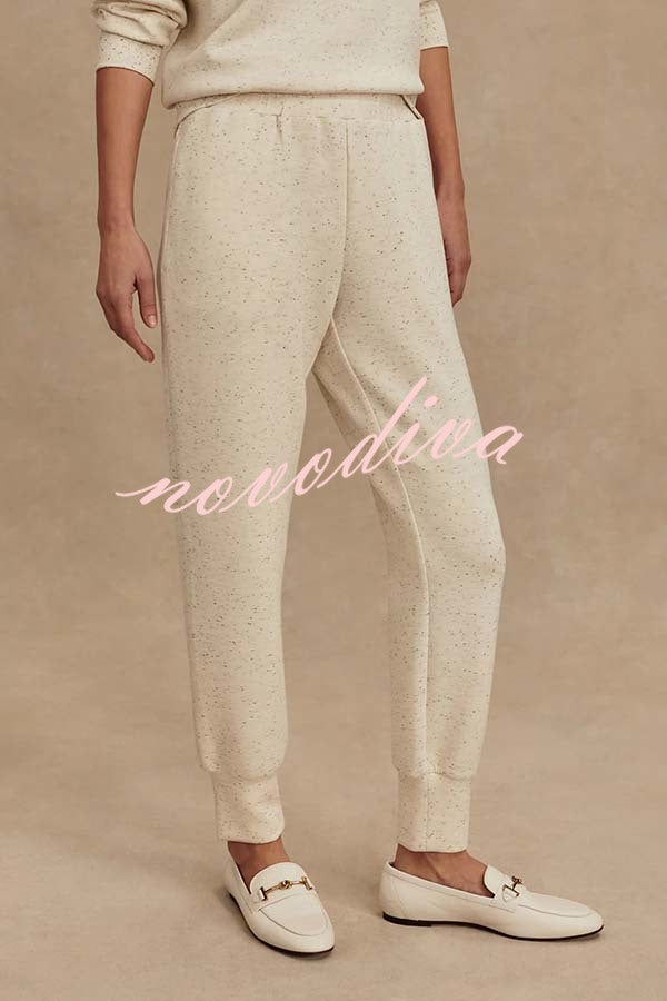 Ivory Marl Fleck Half-Zip Neck Long Sleeve Sweatshirt and Elastic Waist Pocket Jogger Set