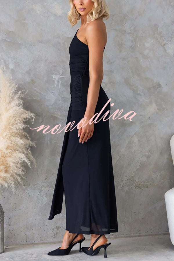 Solid Color Elegant Mesh One Shoulder Sexy Waist Hollow Out Maxi Dress