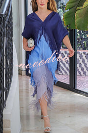 Fashionable Color-blocked Multi-layered Tassel Loose Midi Dress