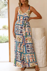 Unique Beach Vacation Print V-neck Suspenders Casual Wide-leg Jumpsuit