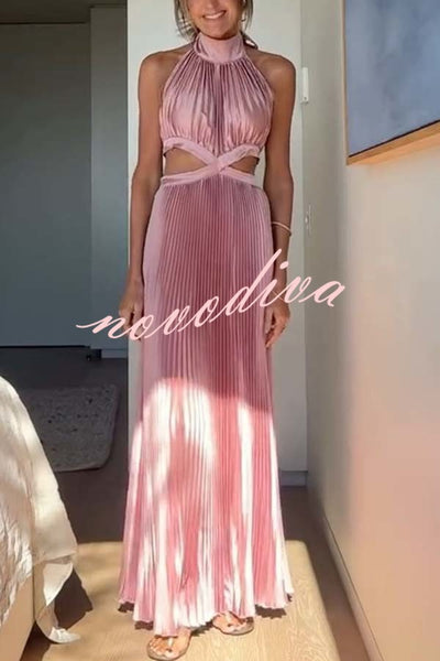 Stunning Choice Satin Pleated Halter High Neck Cutout Waist Backless Maxi Dress