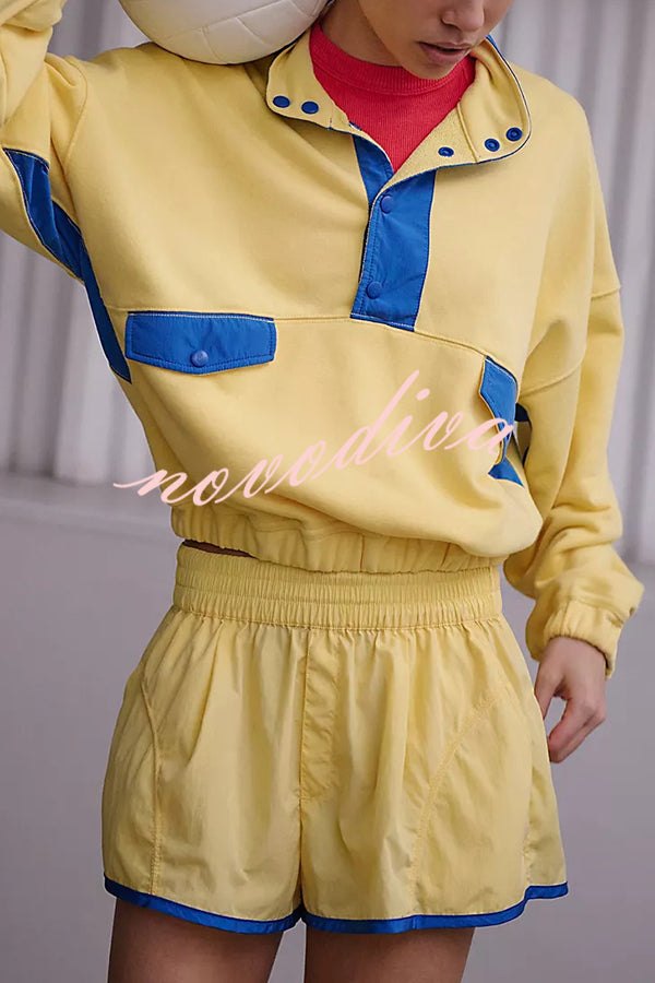 Fashion Contrast Color Stitching Stand Collar Long Sleeve Top and Elastic Waist Loose Pocket Shorts Set