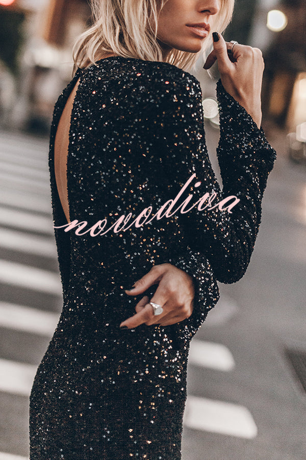 Ignite Sparkly Nights Sequin Extra Long Sleeve Open Back Loose Midi Dress