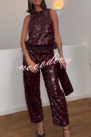 Gala Goddess Sequin High Rise Zipper Waist Wide Leg Pants