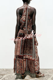 Ethnic Boho Colorblock Print Elastic Waist Resort Style Maxi Dress