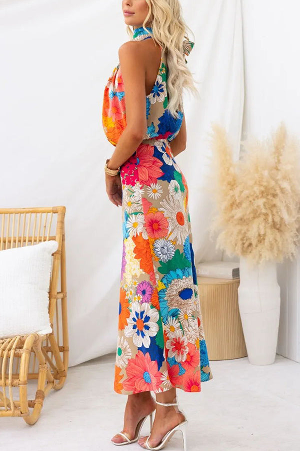 Land of Beauty Floral Print Halter Neck Elastic Waist Party Maxi Dress