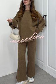 Solid Color Loose Long-sleeved Knit Top and Elastic Waist Casual Straight Leg Pants Set