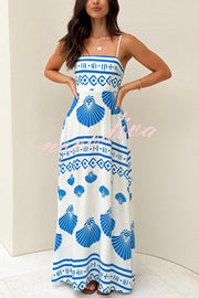 Shell Print Sling Pleated Holiday Maxi Dress