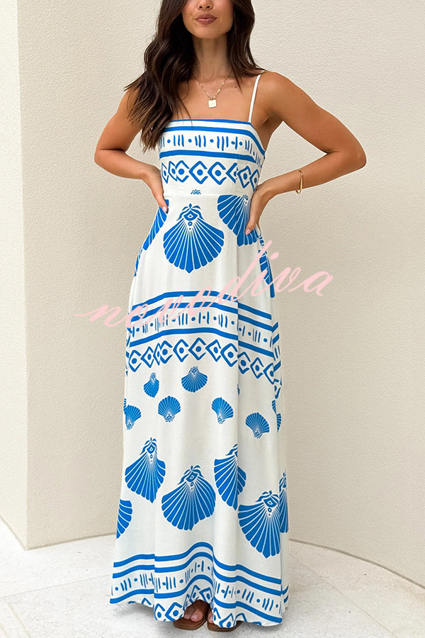 Shell Print Sling Pleated Holiday Maxi Dress