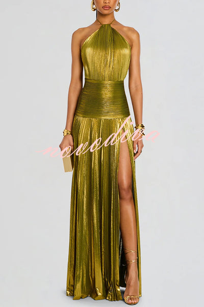 Glamorous Metallic Pleated Fabric Open Back Halter Slit Maxi Dress