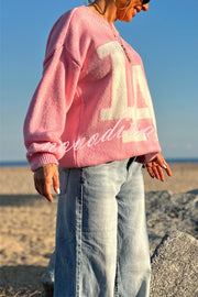 Letter Pattern Crew Neck Long Sleeve Loose Knit Sweater