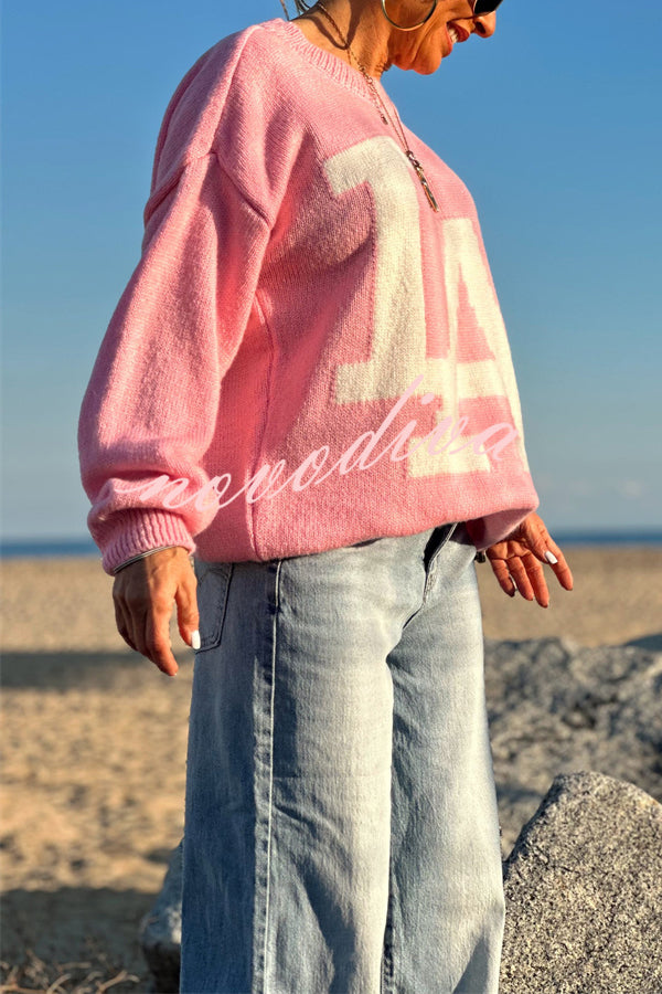 Letter Pattern Crew Neck Long Sleeve Loose Knit Sweater