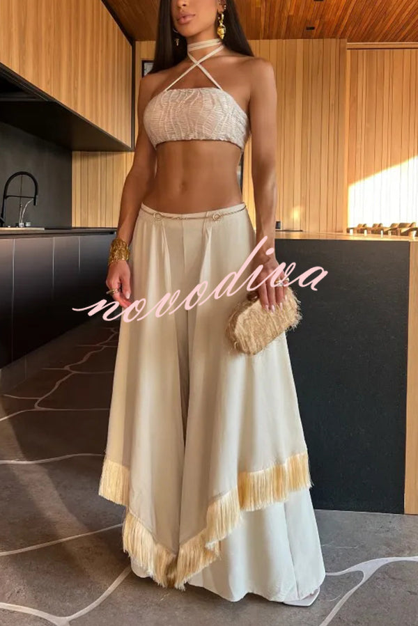 Sexy Lace-Up Bandeau Top and Irregular Tassel Pants Set