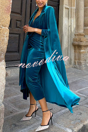 Elisabeth Luxurious Velvet Padded Shoulders Long Sleeve Twist Waist Drape Midi Dress