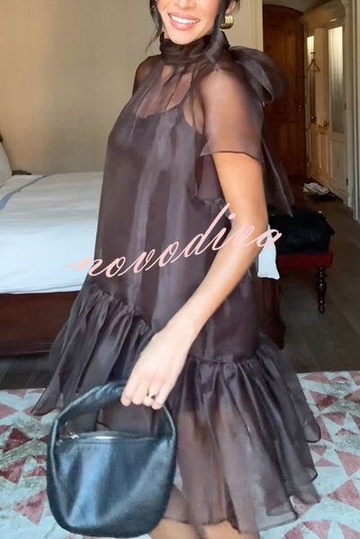 Cocktail Attire Sheer Organza Wide Sleeve Back Bow Layered A-line Mini Dress