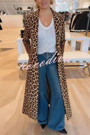 Leopard Print Long Sleeve Pocket Casual Maxi Trench Coat