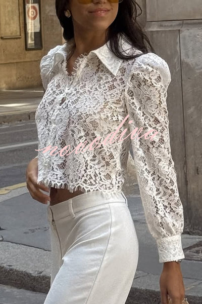 Paris Trends Floral Lace Puff Shoulder  Button Long Sleeve Blouse