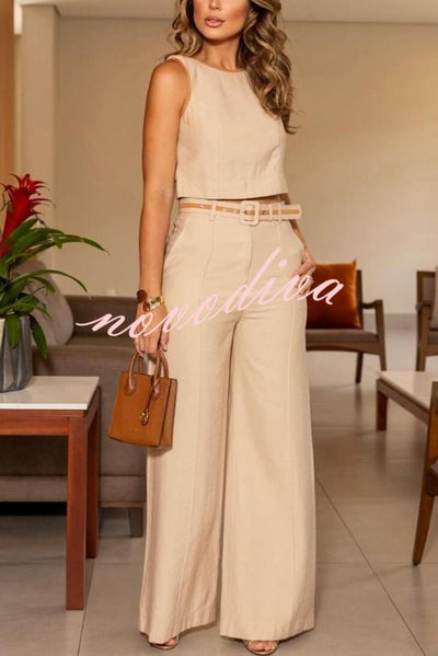 Solid Color Slim Fit Sleeveless Crew Neck Top and High Waist Pocket Wide Leg Pants Set