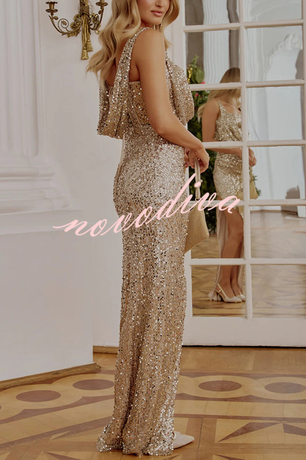 Glitzy Gala Sequin Draped Neckline Back Tie-up Ruched Slit Maxi Dress