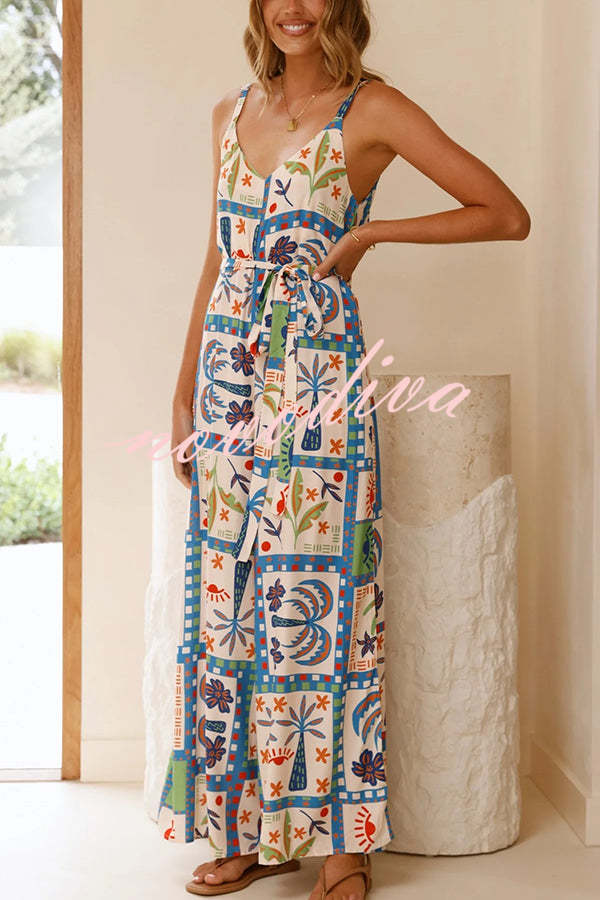 Unique Beach Vacation Print V-neck Suspenders Casual Wide-leg Jumpsuit